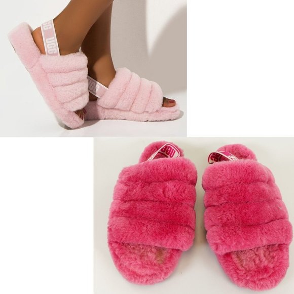 UGG Womens Faux Fur Pink White Slipper 5 Slip on Slingback Open Toe Elastic Band - Picture 1 of 12